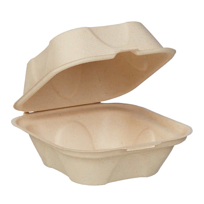 6" x 6" x 3" Burger Box Clamshell One Compartment | Natural Plant Fiber | 500/case - World Centric