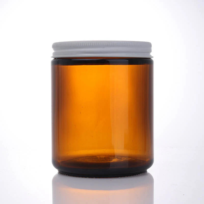 8 OZ STRAIGHT SIDED GLASS JAR with lid, AMBER - 70/405 FINISH - 60/case
