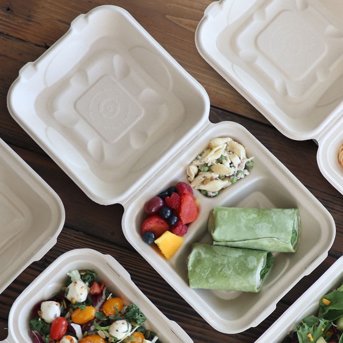 8" x 8" x 3" Clamshell 3-Compartment | Natural Plant Fiber | 300/case - World Centric