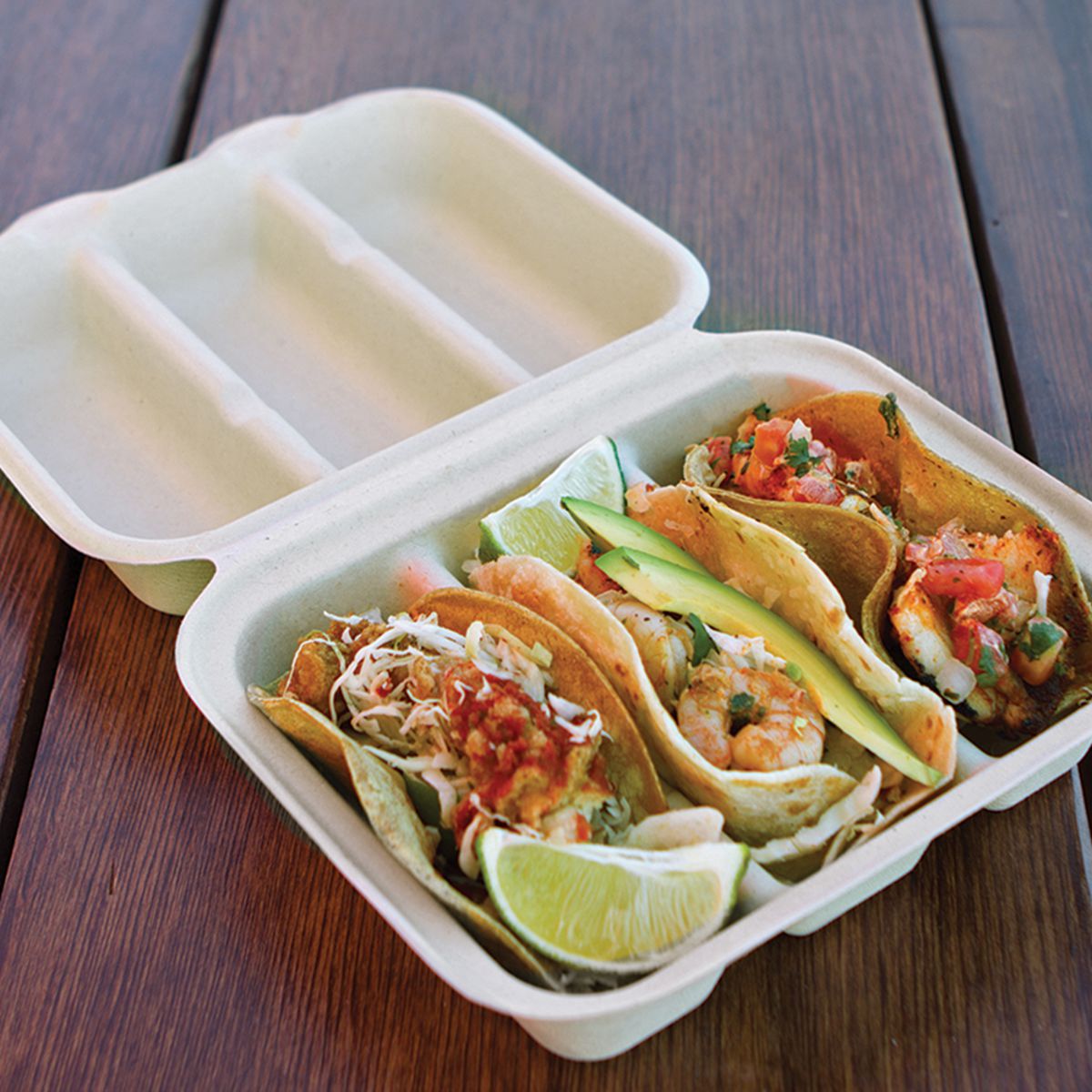9" x 8" x 3" Clamshell Taco Box 3-Compartment | Natural Plant Fiber | 300/case - World Centric