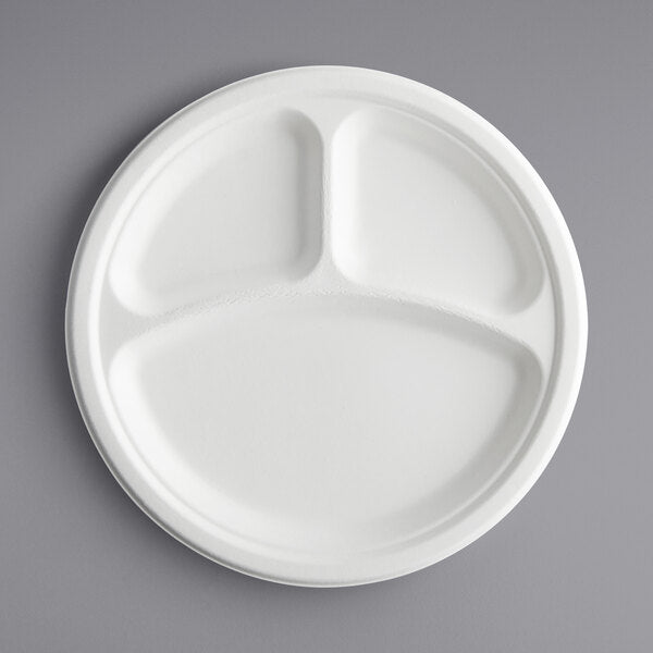 10" White Fiber Plate 3-Compt | 500/case - Wellcare