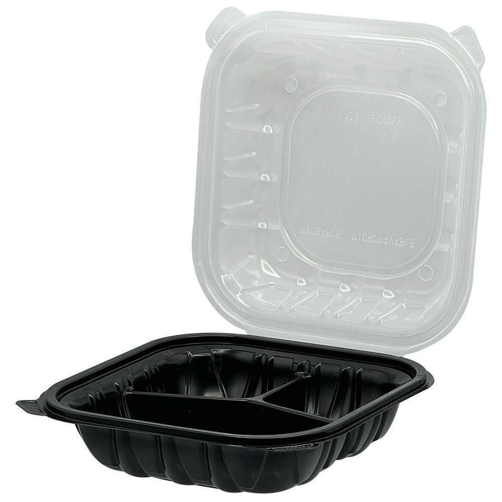 10x9 Hinged clamshell - 3-compartment - PP Black/clear - 150/case - Empress
