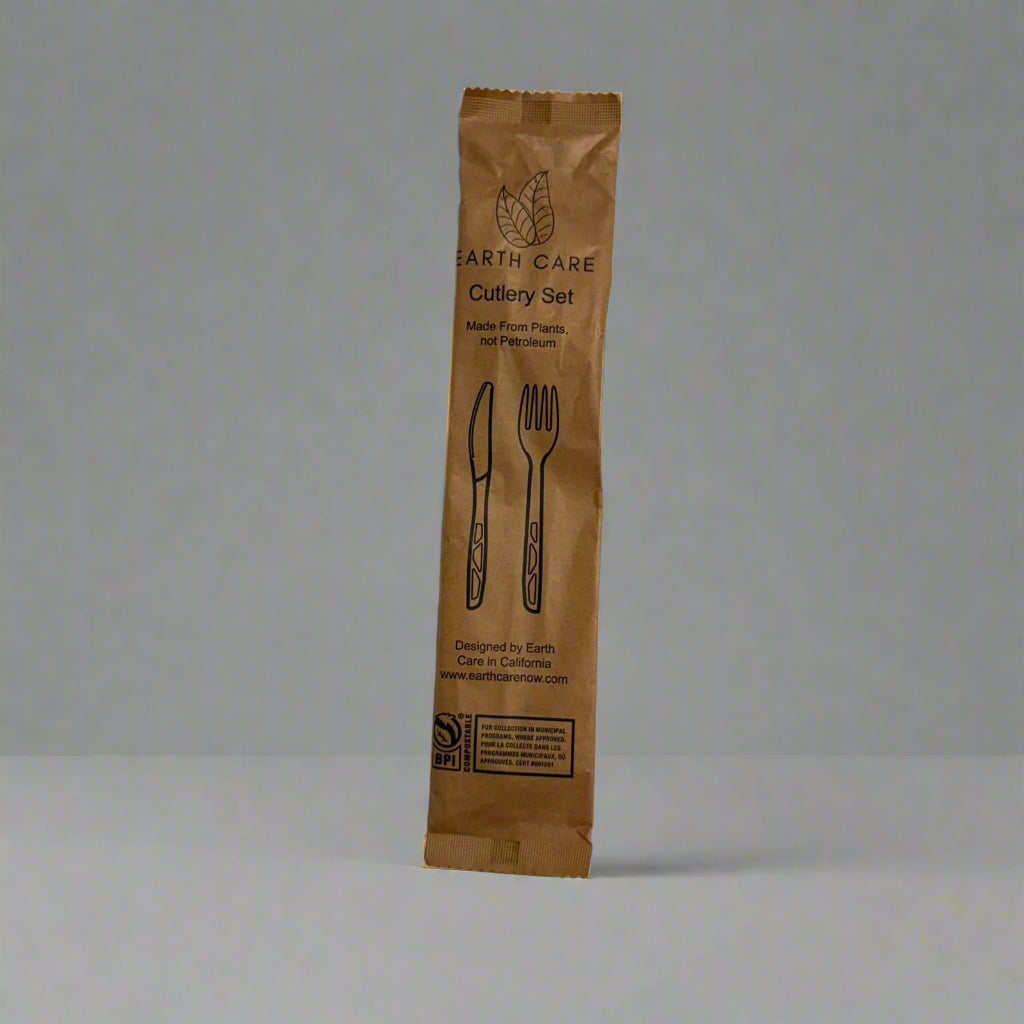6.3" Compostable Fork+Knife kit | White | Individually wrapped | 500/case - Earth Care