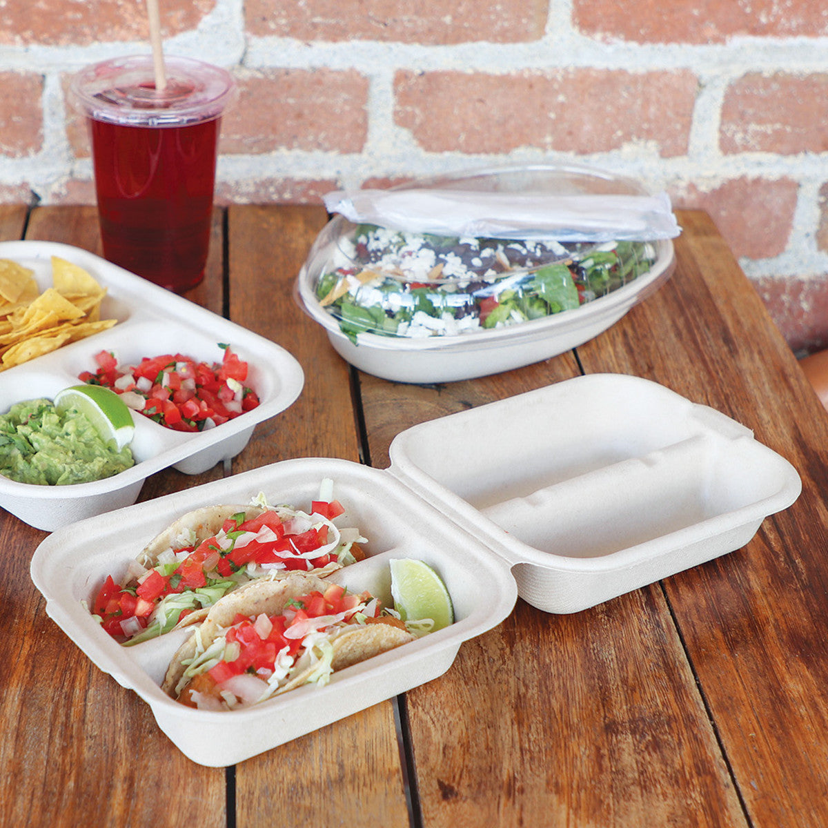 8" x 5" x 3" Clamshell Taco Box 2-Compartment | Natural Plant Fiber | 300/case - World Centric