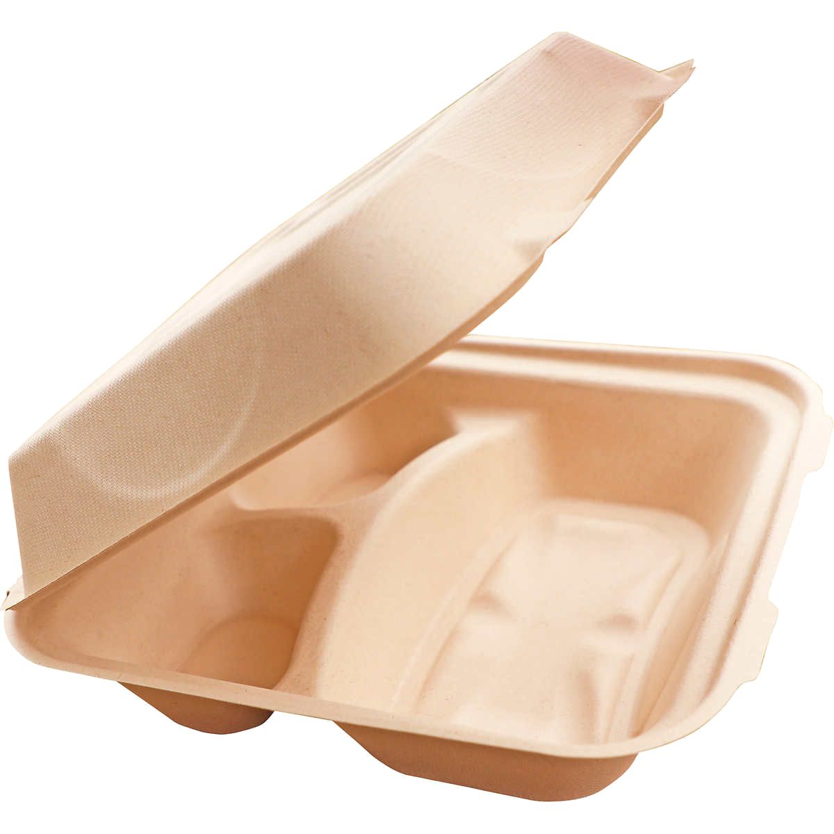 Fiber Hinged Containers, 3-Compartment, 8 x 8 x 3, Natural, Paper