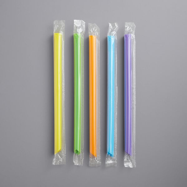 Boba Straw poly wrapped, colossal, Diagonal Cut mixed colors 1600/case, Wellcare