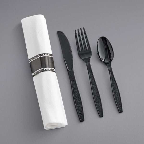 Heavy Duty PP BLACK Cutlery kit - Fork, Knife, Tea spoon, Napkin - 250/case - Wellcare