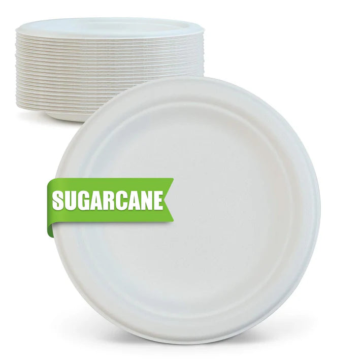 (338)Sugarcane plate white 9" 500pcs/case (PFAS FREE)